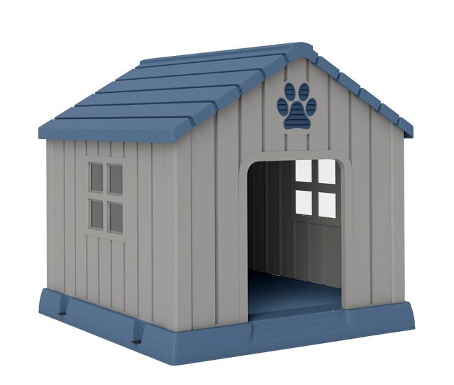 Pawhut casota para cães de exterior impermeável para cães médios com 2 janelas, base elevada e estacas, 85x79x82 cm, cinzento