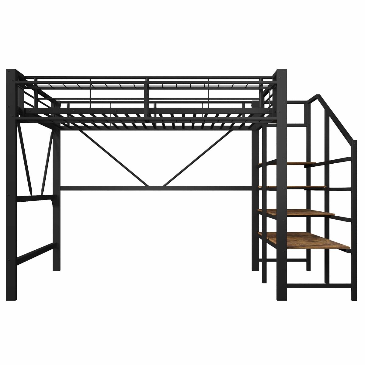 Cama alta 140 x 200 cm – prateleiras, cesto, arrumação aberta e led, sem colchão – preta