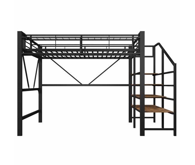 Cama alta 140 x 200 cm – prateleiras, cesto, arrumação aberta e led, sem colchão – preta