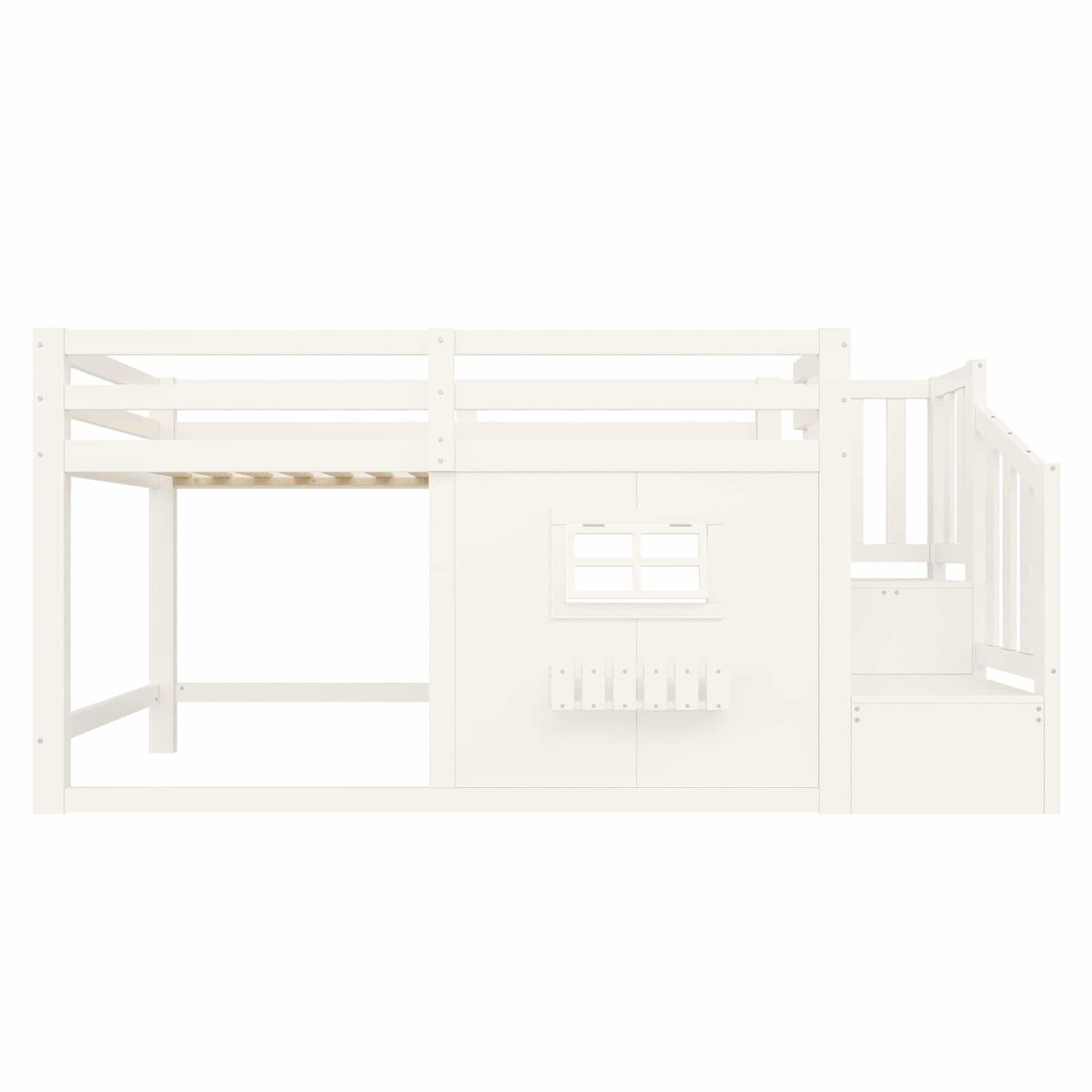 Cama alta 90 × 200 cm - madeira de pinho, janela, escada com arrumação e led, sem colchão - branco