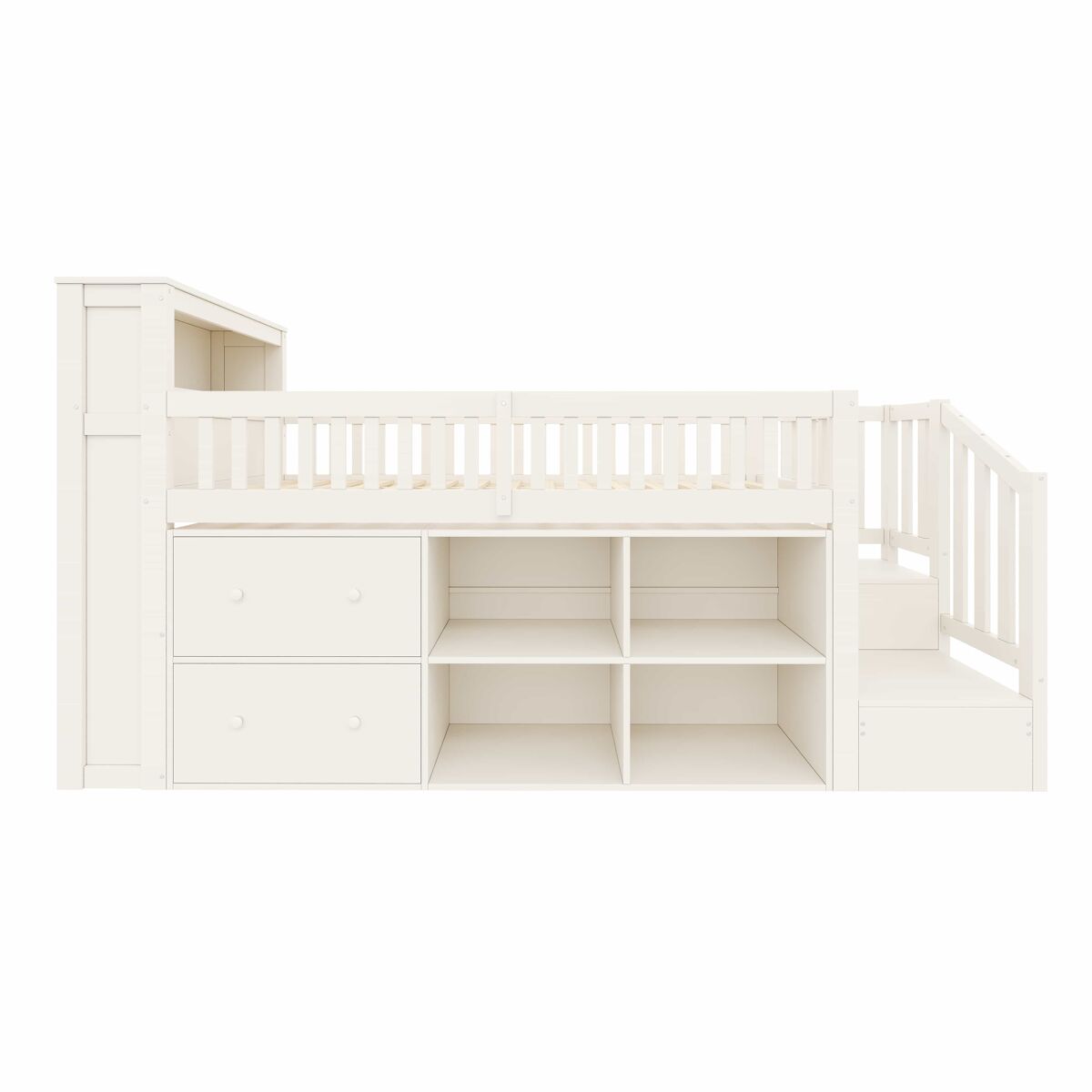 Cama semi-alta 90 × 200 cm – gavetas, arrumação, armário em escada e led, sem colchão – branco