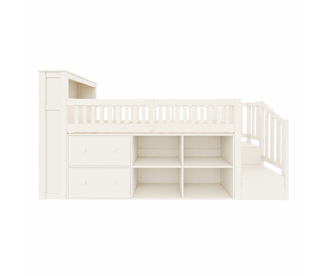 Cama semi-alta 90 × 200 cm – gavetas, arrumação, armário em escada e led, sem colchão – branco
