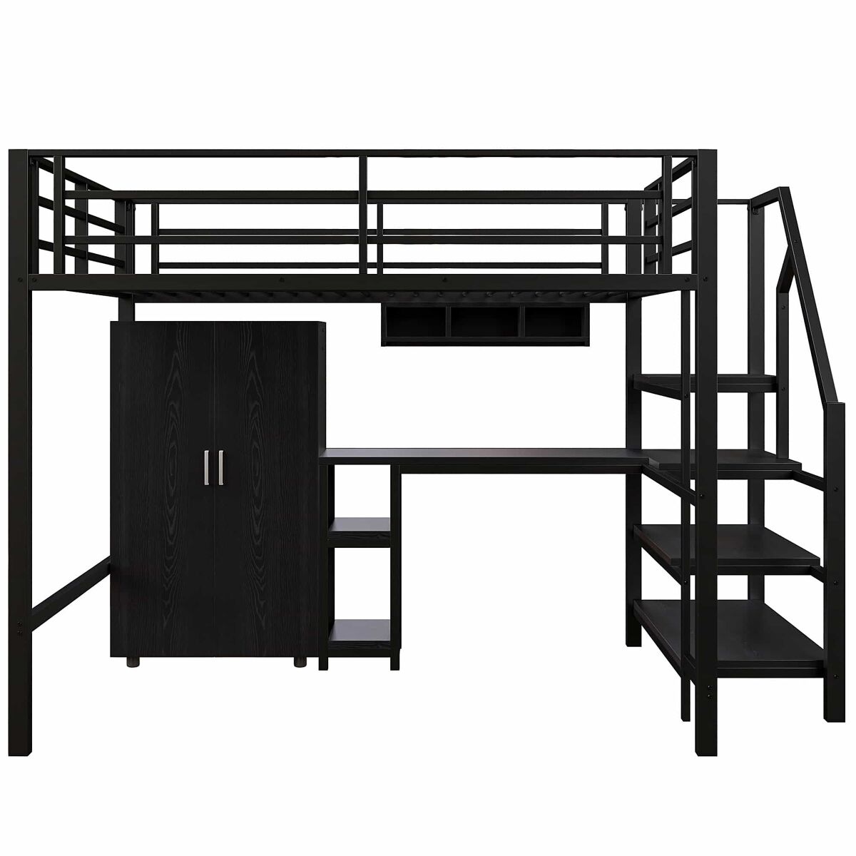 Cama alta 140 × 200 cm — roupeiro, prateleiras, escada e secretária, sem colchão — preto