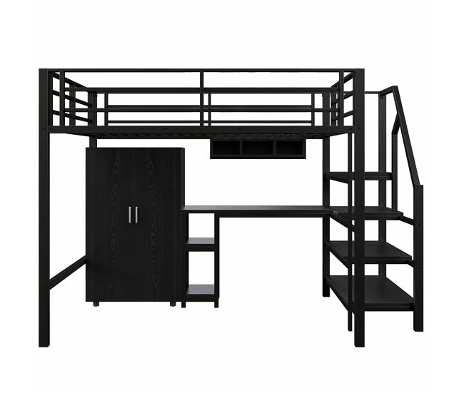 Cama alta 140 × 200 cm — roupeiro, prateleiras, escada e secretária, sem colchão — preto