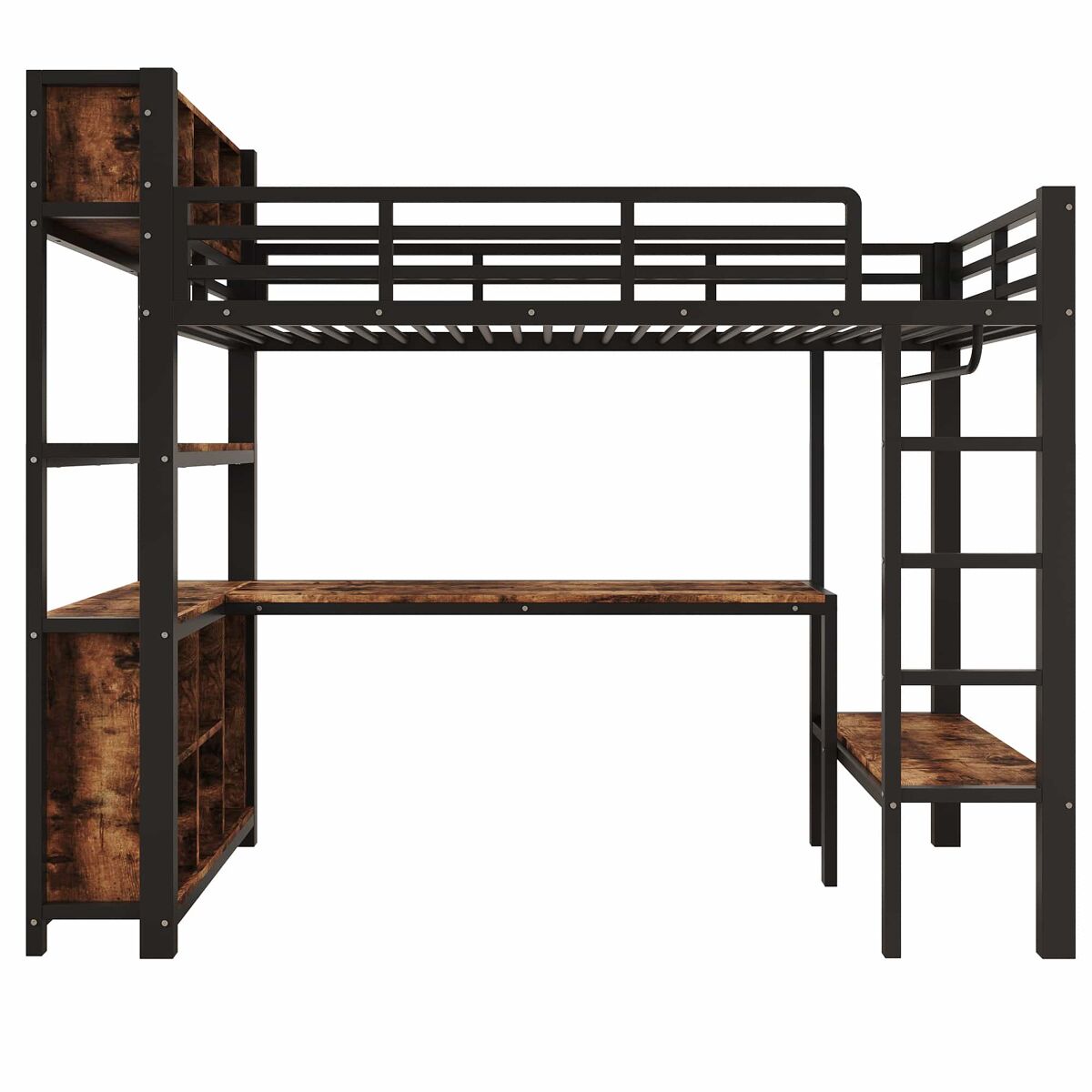 Cama alta 90 x 200 cm – secretária, cabideiro e arrumação, sem colchão – preta