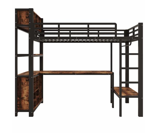 Cama alta 90 x 200 cm – secretária, cabideiro e arrumação, sem colchão – preta