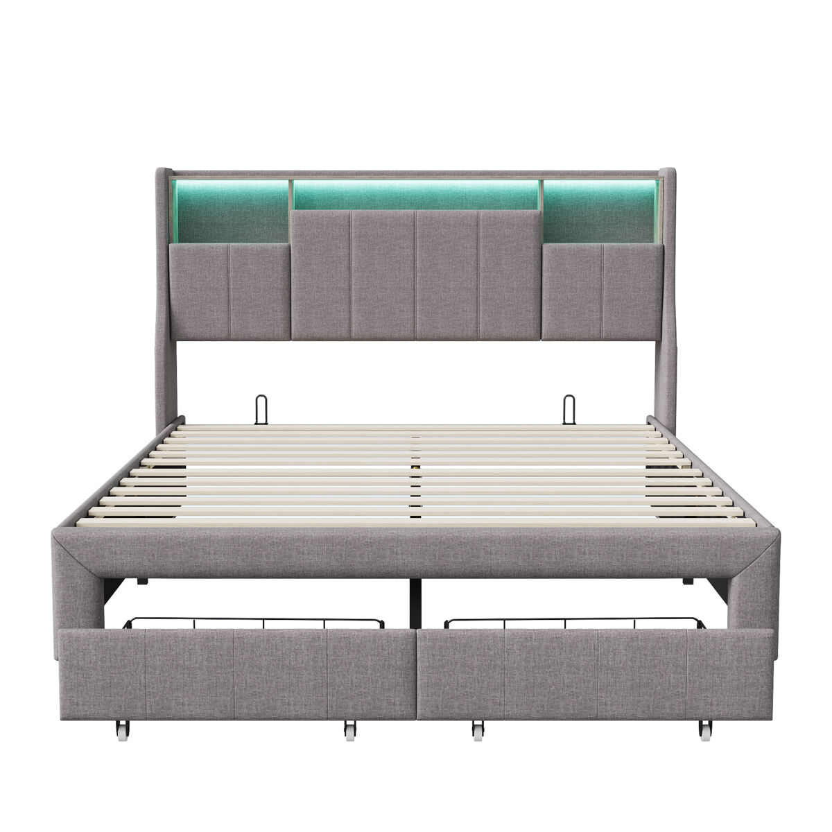 Cama de casal de 140x200 cm, cama com espaço de arrumação, luzes led, cama com gavetas