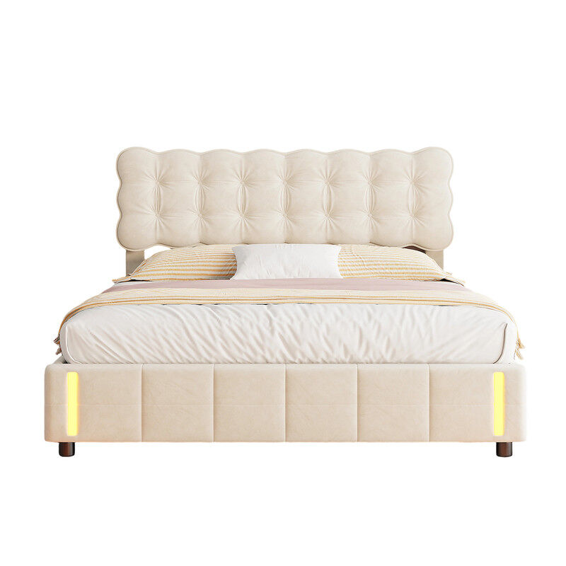 Cama de casal (140x190 cm), cor beige, veludo, iluminação led, estrado de ripas e espaço de arrumação