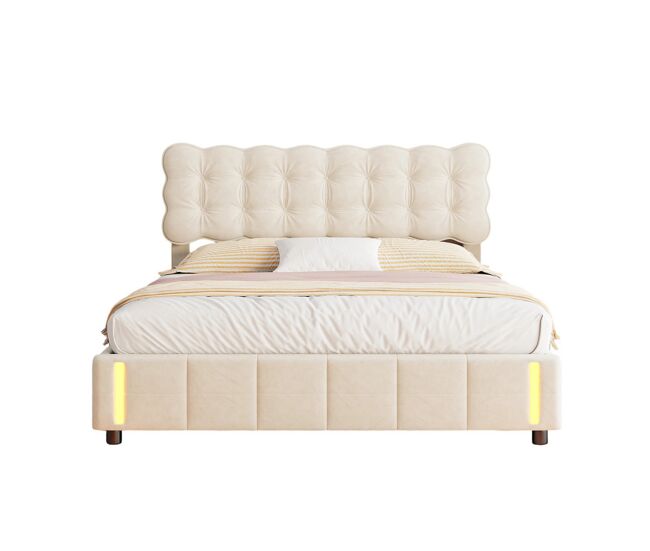 Cama de casal (140x190 cm), cor beige, veludo, iluminação led, estrado de ripas e espaço de arrumação