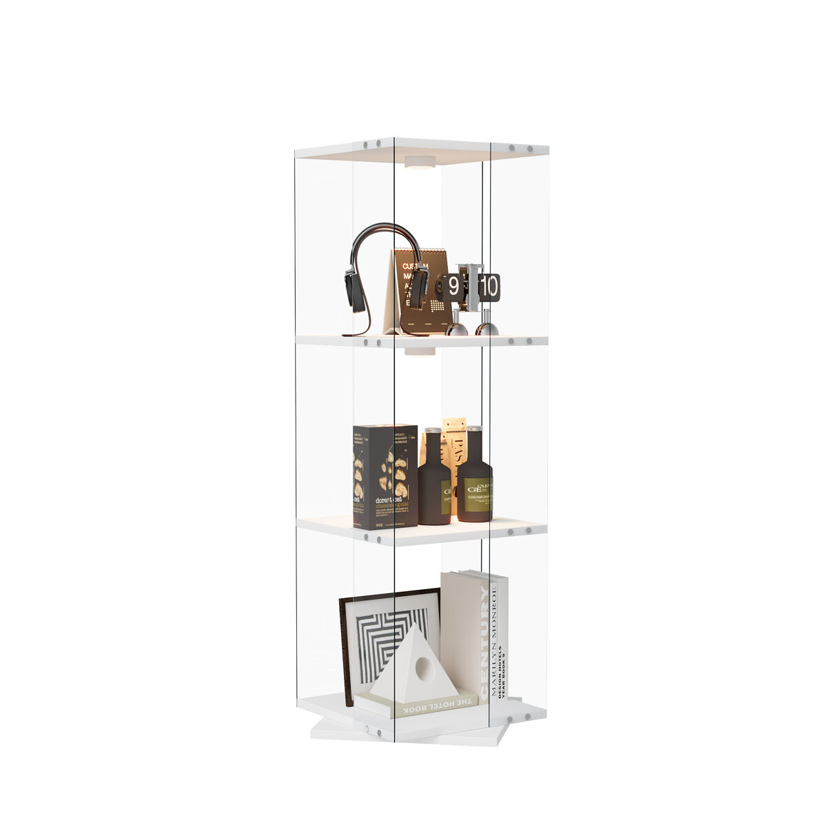 Vitrine de led blanche (38x38x121 cm), com 3 étagères giratórias, equipada com iluminação rgb controlada por controle remoto e proteção anti-tombamento