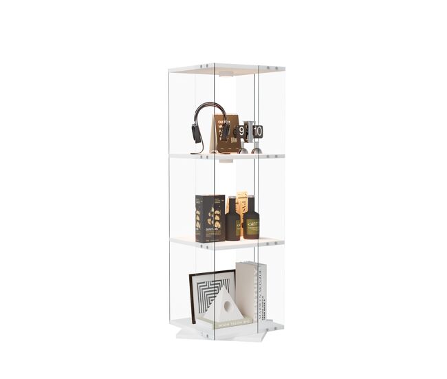 Vitrine de led blanche (38x38x121 cm), com 3 étagères giratórias, equipada com iluminação rgb controlada por controle remoto e proteção anti-tombamento