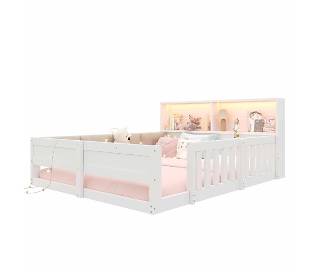 Cama infantil 140 x 200 cm – com grades, laterais almofadadas e led, sem colchão – branca