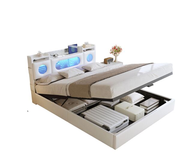 Cama de casal (160 × 200 cm), branca; conta com iluminação led, portas usb e tipo c, e espaço de arrumação por baixo da cama