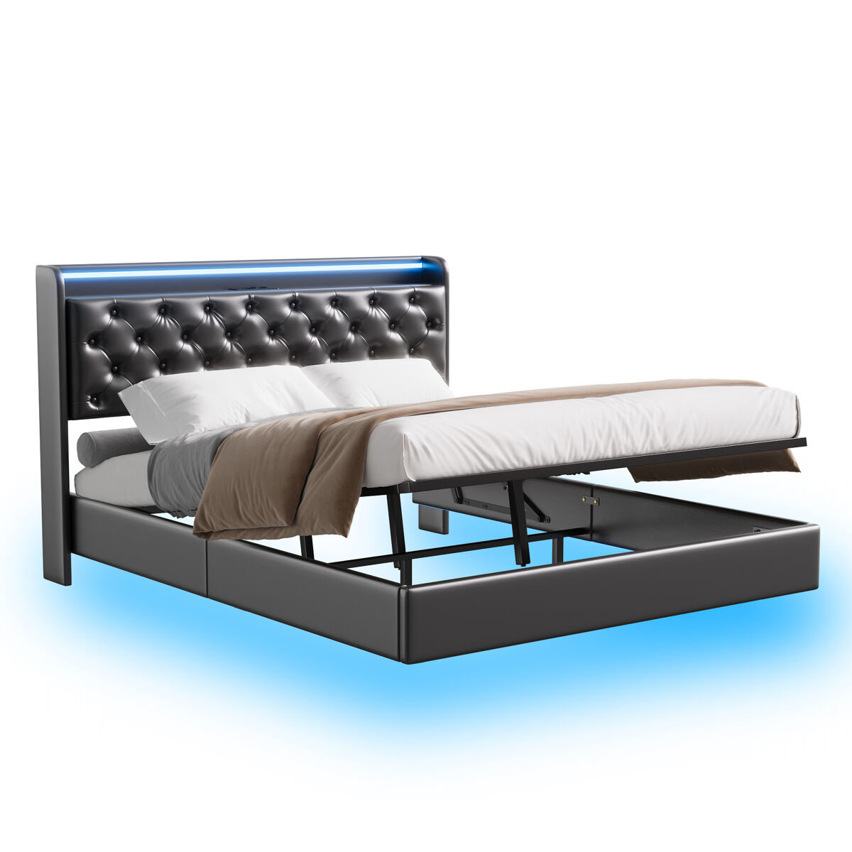 Cama de casal (160 × 200 cm) em pele sintética (pu) preta. possui iluminação led, porta usb e espaço de armazenamento