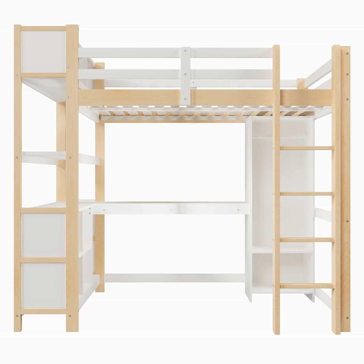 Cama alta 140 x 200 cm – secretária, roupeiro e prateleiras, sem colchão – natural