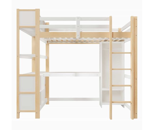 Cama alta 140 x 200 cm – secretária, roupeiro e prateleiras, sem colchão – natural