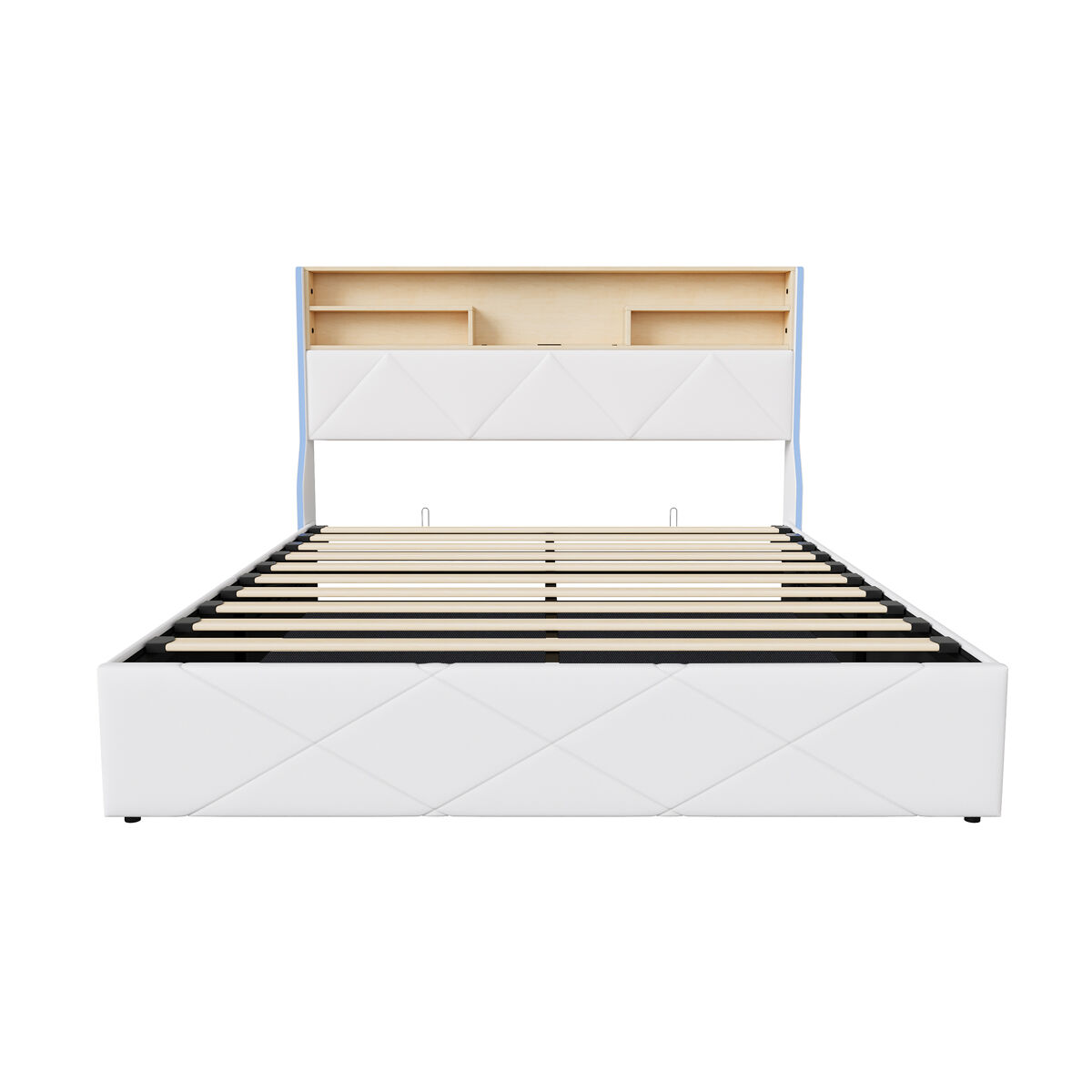Cama de casal (160×200 cm), usb, led, cama com baú hidráulico, branca, pele sintética