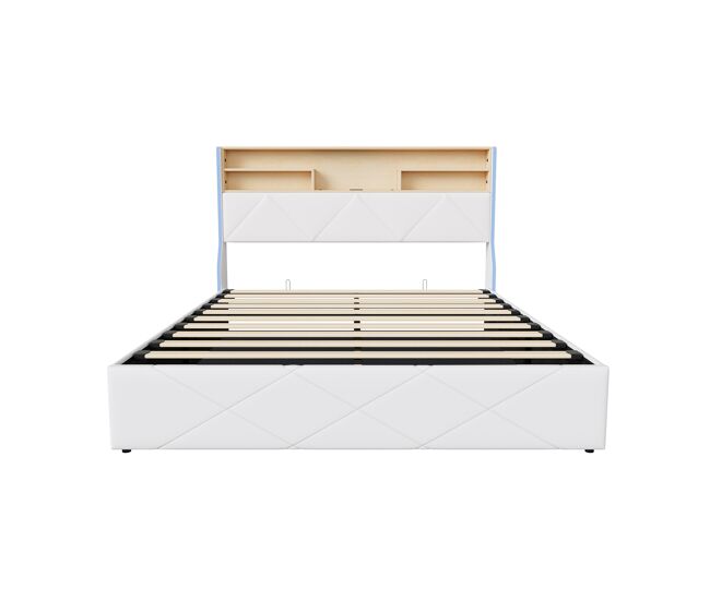 Cama de casal (160×200 cm), usb, led, cama com baú hidráulico, branca, pele sintética