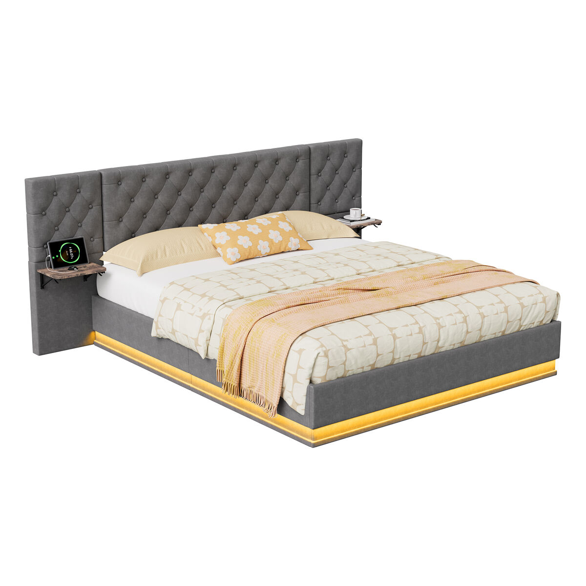 Cama de casal (140 x 200 cm), ecrã led, portas usb e tipo-c, cama com espaço de arrumação