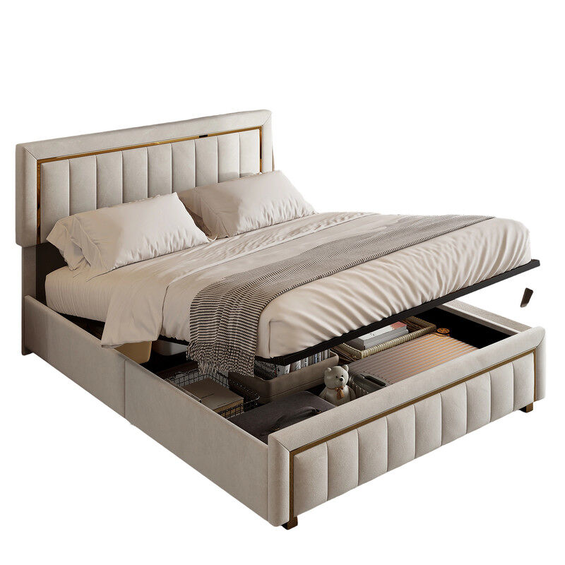 Cama de casal (140×200 cm), em veludo beige, com baú — cama de estilo moderno para quarto
