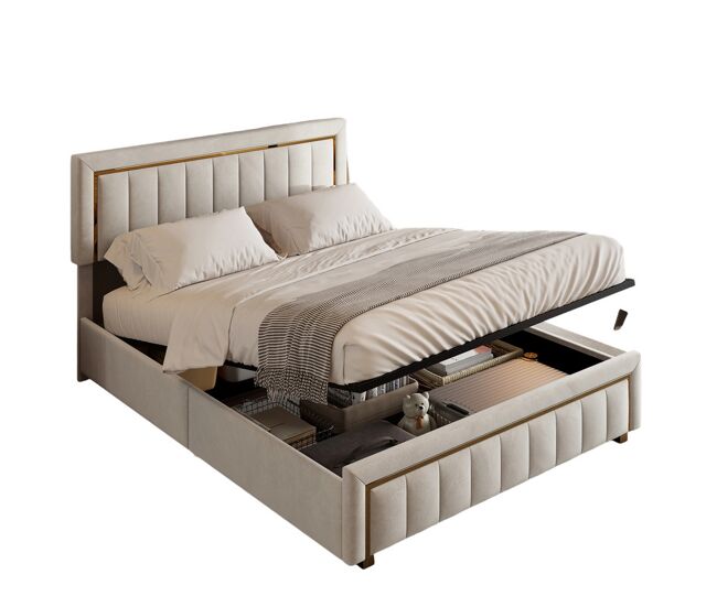 Cama de casal (140×200 cm), em veludo beige, com baú — cama de estilo moderno para quarto