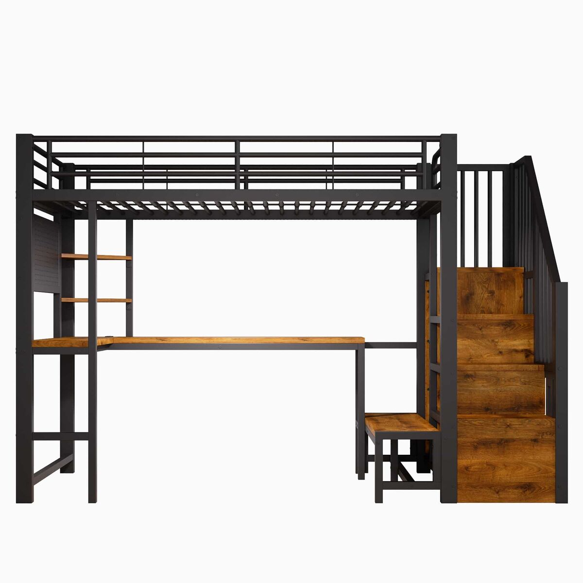 Cama alta 90 x 200 cm – secretária, usb-c, prateleiras e led, sem colchão – preta