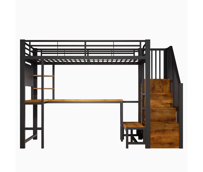 Cama alta 90 x 200 cm – secretária, usb-c, prateleiras e led, sem colchão – preta