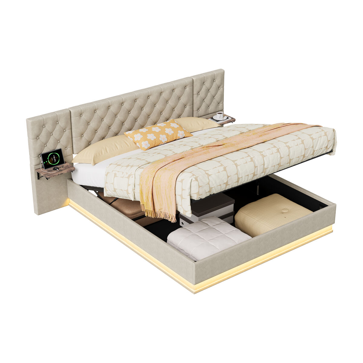 Cama de casal, 160x200cm, com funções de carregamento led, usb, tipo-c e sem fios; com estrado de ripas; tecido de linho, beige