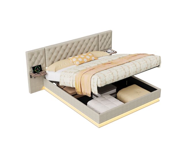 Cama de casal, 160x200cm, com funções de carregamento led, usb, tipo-c e sem fios; com estrado de ripas; tecido de linho, beige