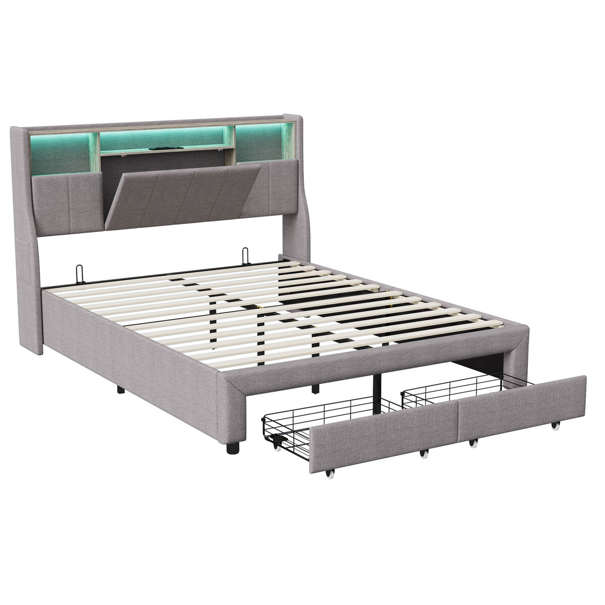 Cama de casal de 160x200 cm, cama com espaço de arrumação, luzes led, cama com gavetas
