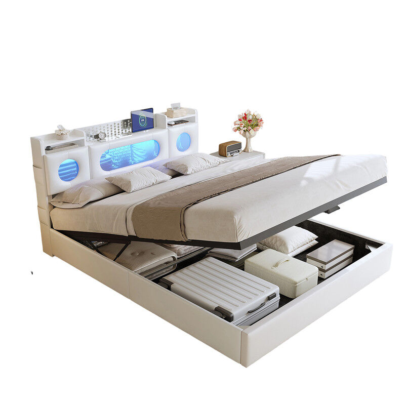Cama de casal (140 × 200 cm), branca; conta com iluminação led, portas usb e tipo c, e espaço de arrumação por baixo da cama