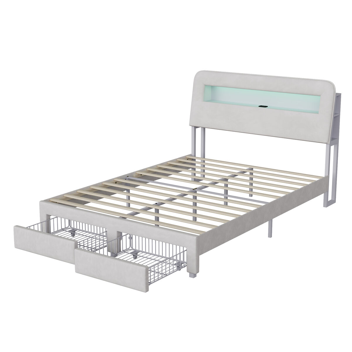 Cama de 160 x 200 cm com gaveta, cama com arrumação e led (juvenil), cama de casal em veludo, beige.