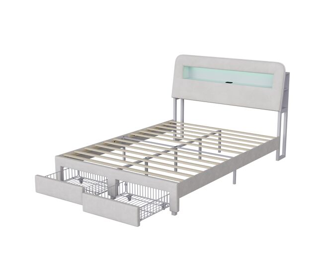 Cama de 160 x 200 cm com gaveta, cama com arrumação e led (juvenil), cama de casal em veludo, beige.