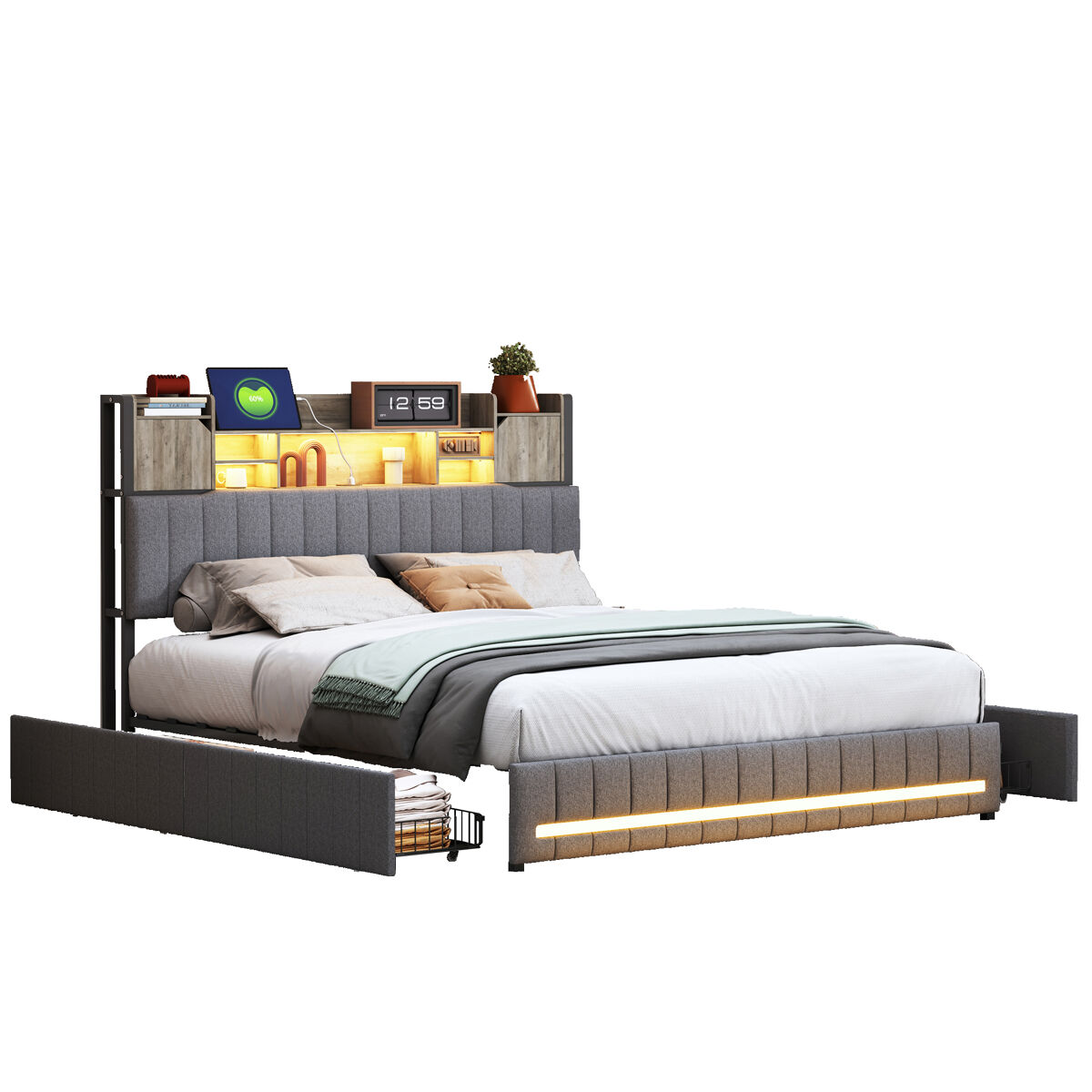 Cama de casal 140x190 cm, cinzenta (com porta usb), cama juvenil, 4 gavetas, led, cama com arrumação