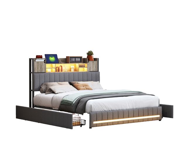 Cama de casal 140x190 cm, cinzenta (com porta usb), cama juvenil, 4 gavetas, led, cama com arrumação
