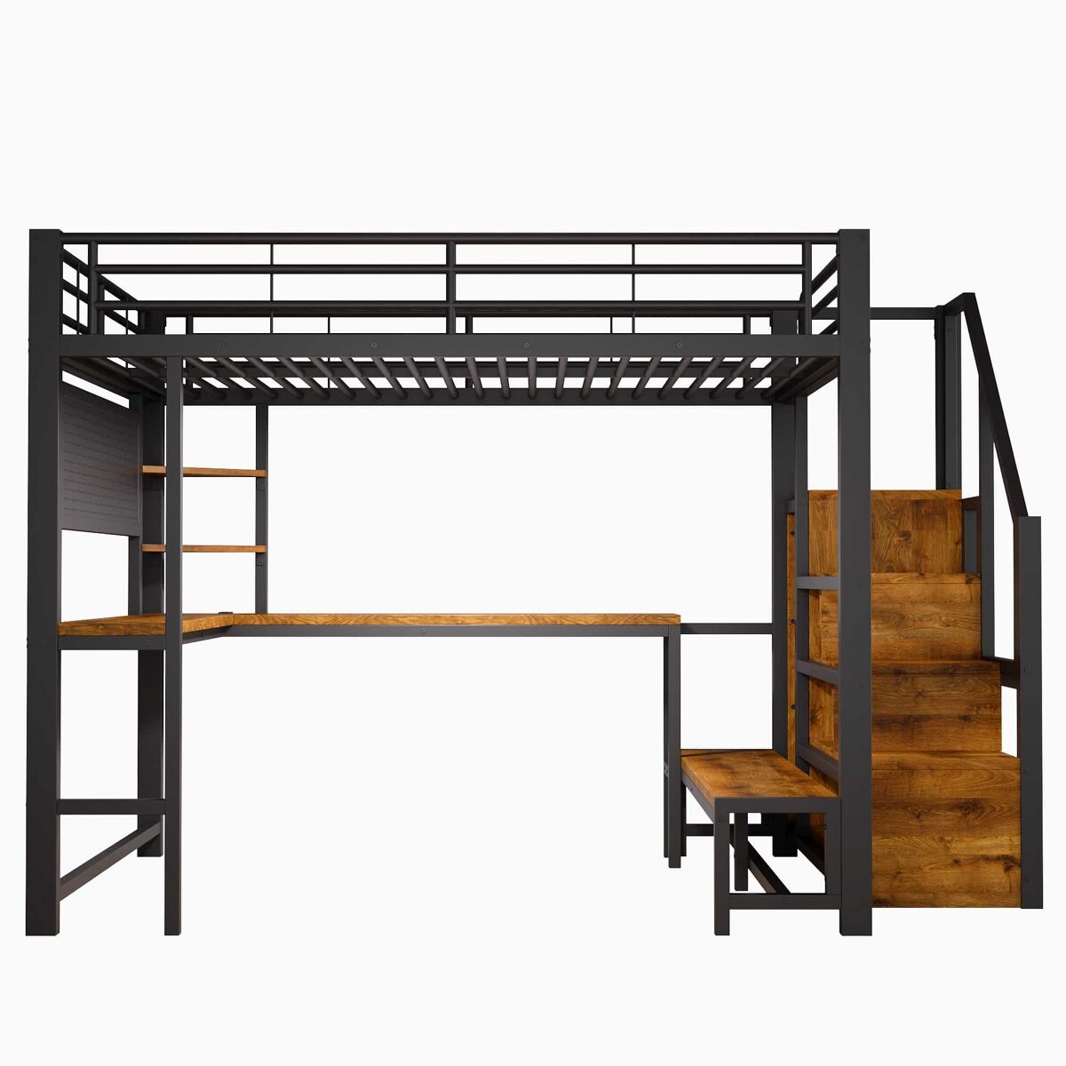 Cama alta 140 x 200 cm – secretária, usb-c, led, prateleiras e roupeiro – preta
