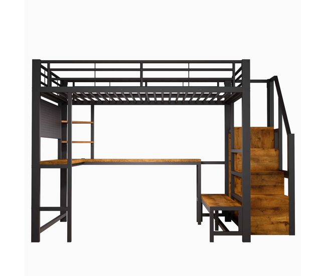 Cama alta 140 x 200 cm – secretária, usb-c, led, prateleiras e roupeiro – preta
