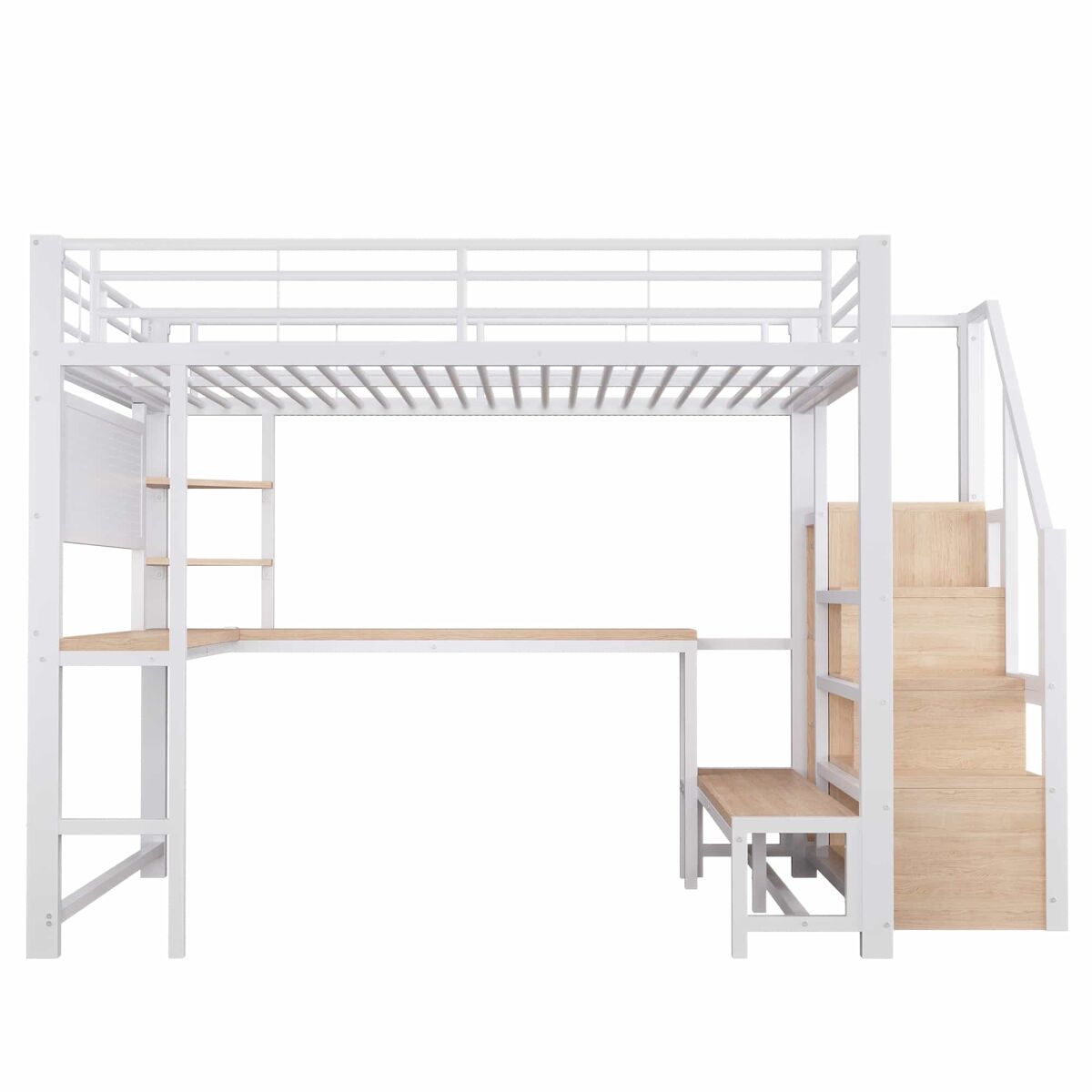 Cama alta 140 x 200 cm – mesa, usb-c, painel perfurado, prateleiras, roupeiro em forma de escada e led – branco