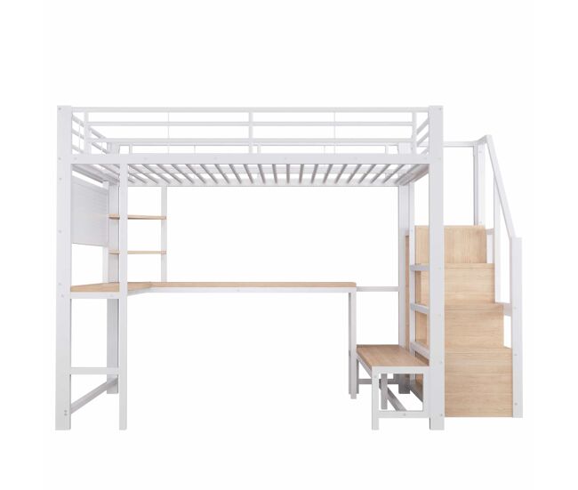 Cama alta 140 x 200 cm – mesa, usb-c, painel perfurado, prateleiras, roupeiro em forma de escada e led – branco