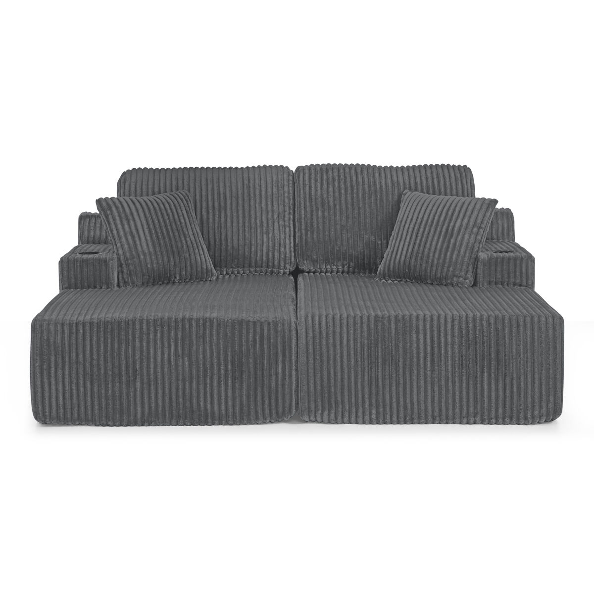 Sofá-cama relax de 2 lugares - tecido de veludo cotelê macio, bolso lateral para revistas, porta-copos, almofadas, design lounge multifuncional -