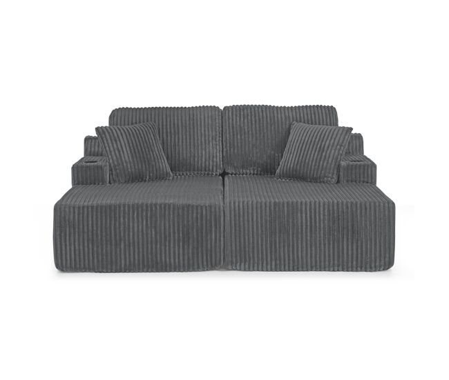 Sofá-cama relax de 2 lugares - tecido de veludo cotelê macio, bolso lateral para revistas, porta-copos, almofadas, design lounge multifuncional -