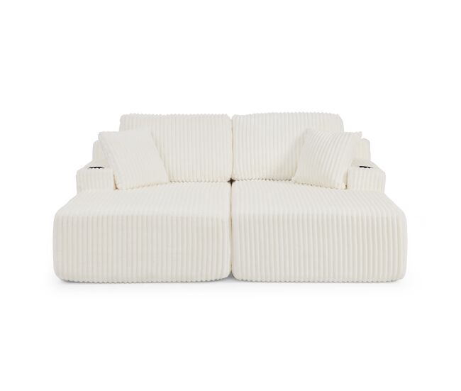 Sofá-cama relax de 2 lugares - tecido de veludo cotelê macio, bolso lateral para revistas, porta-copos e almofadas, ideal para a sala de estar, sala
