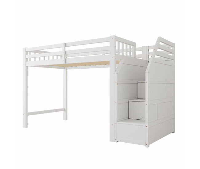 Cama alta 90 x 200 cm – base, grade de proteção e degraus com espaço de arrumação, sem colchão – branco