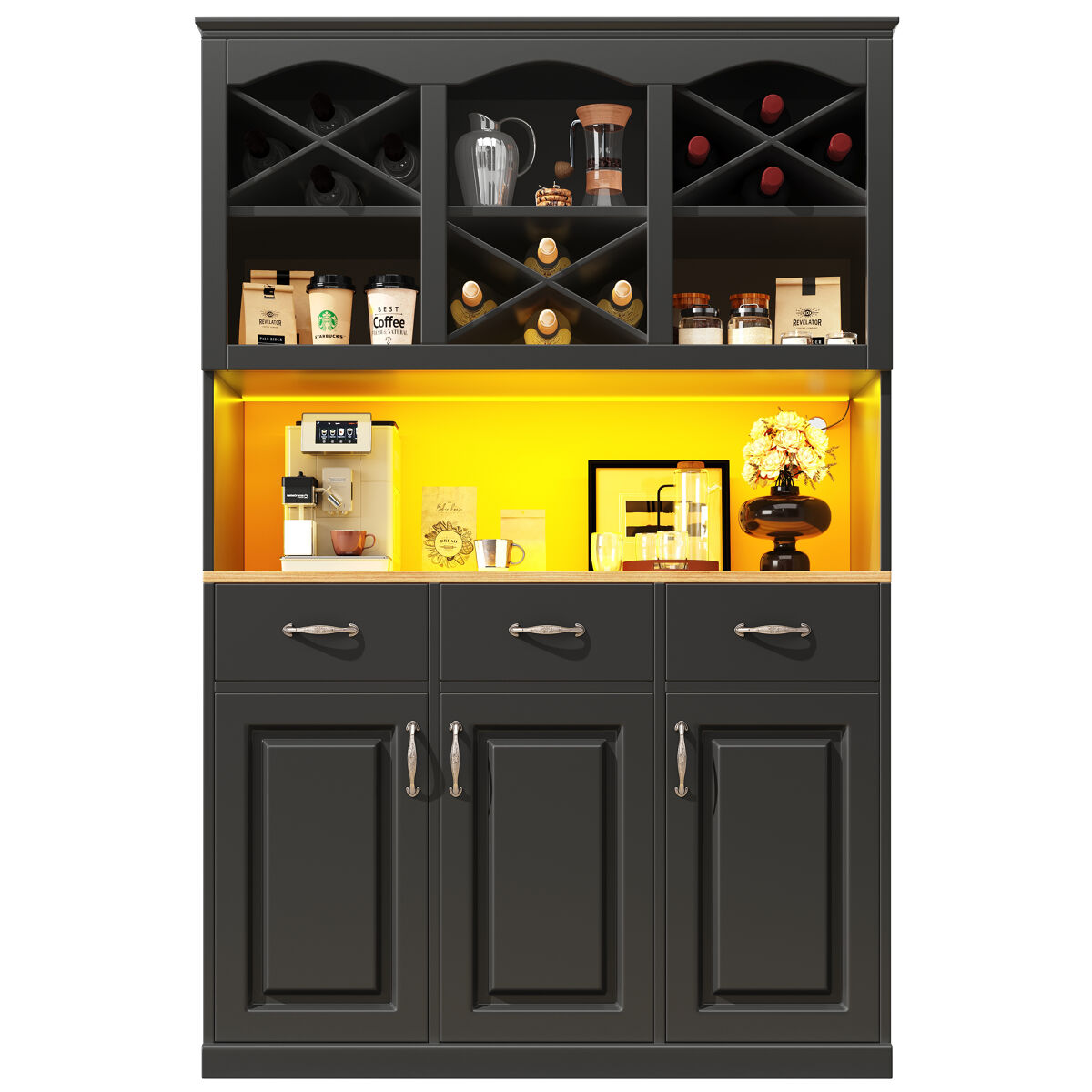 Aparador 120x40x180 cm - aparador alto, com 3 portas, 3 gavetas e led - preto