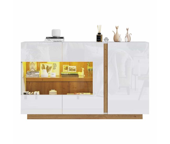 Móvel aparador 138x38x90,5 cm - alta brilho, com base em madeira, tabuleiro em aglomerado e vidro - branco