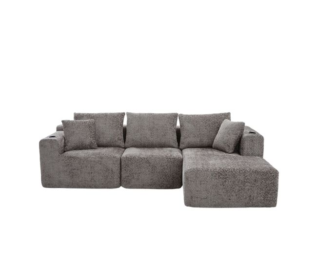 Sofá modular de canto 261×165 cm - em forma de l, assento profundo, sem montagem, com porta-copos - cinzento escuro