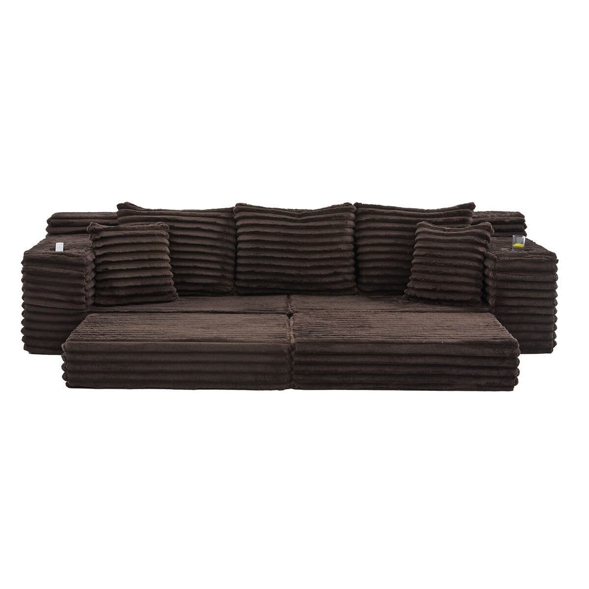 Sofá de tecido veludo cotelê de 4 lugares - encosto alto, almofadas adicionais, bolsos laterais e porta-copos, convertível em sofá-cama - café