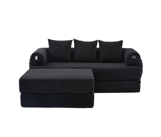 Sofá modular de 3 lugares - modular, com almofadas confortáveis, estrutura em metal e bolso lateral - preto