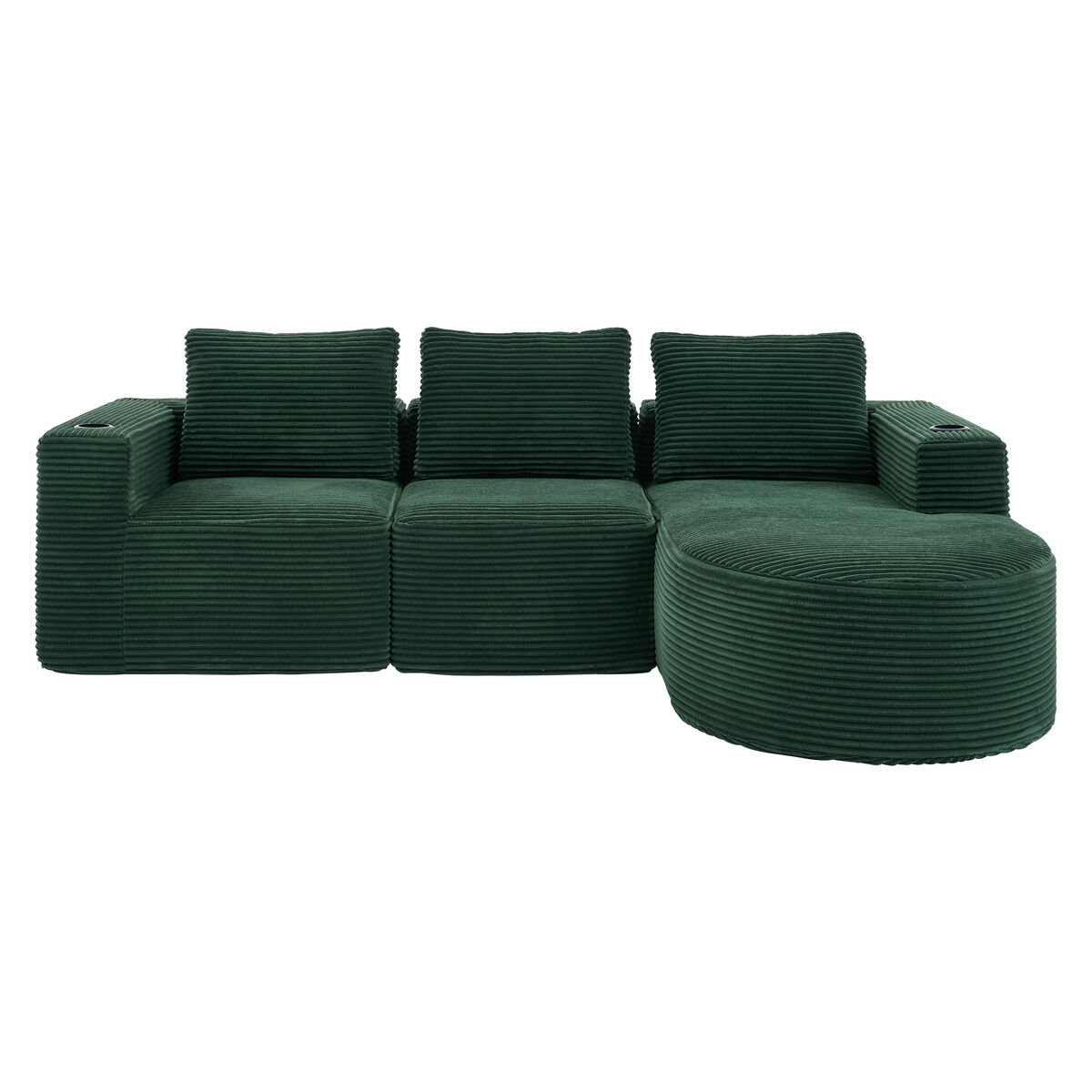 Sofá de 3 lugares com 258 cm - compacto, com três almofadas (1 de penas + 2 com porta-copos) - ideal para salas pequenas, apartamentos e escritórios -