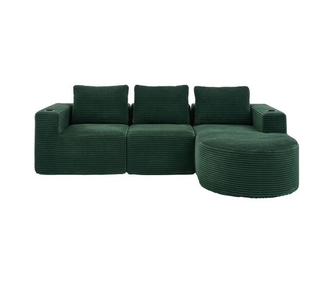 Sofá de 3 lugares com 258 cm - compacto, com três almofadas (1 de penas + 2 com porta-copos) - ideal para salas pequenas, apartamentos e escritórios -
